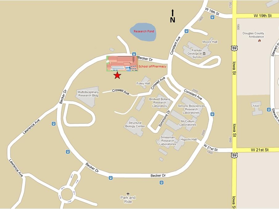 Map of Becker Dr with a red star slightly south of the KU School of Pharmacy.