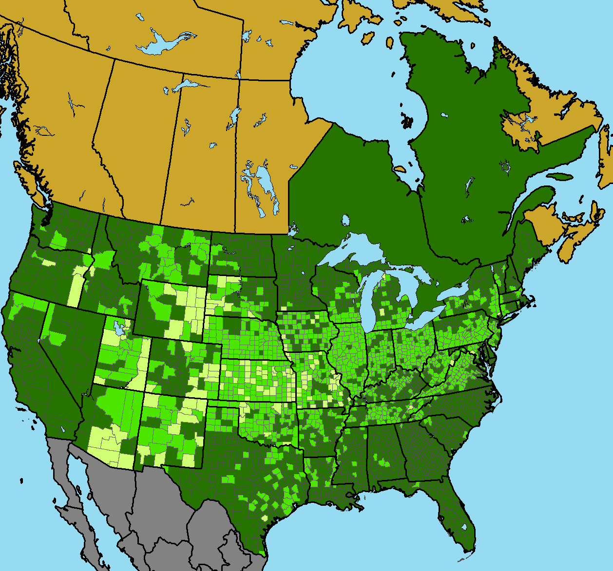 map of the U.S. divided into counties, with yellow and light green counties generally being in the midwest, and green counties being on the far west and eat sides of the country.