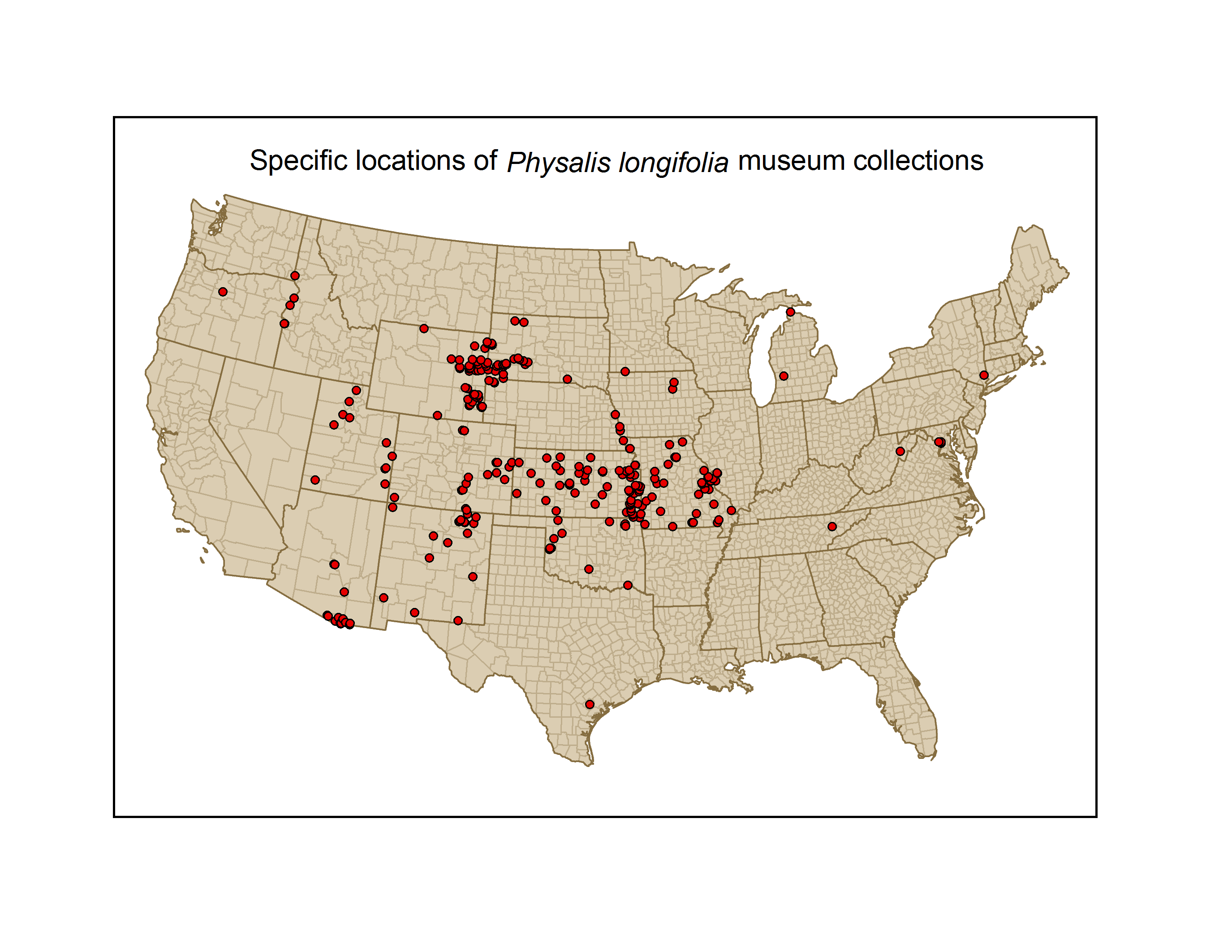 Map of the U.S. with red dots in most of the midwestern states, with specific high-density clusters in kansas, missouri, east wyoming and east colorado. 